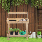 Wood outdoor potting bench with shelf storage, sink opening, and tool-ready top