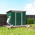Green metal garden shed with single door, gabled roof, and deck base