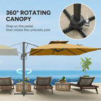 Khaki cantilever garden parasol with rotating canopy over patio lounge chairs