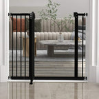 Black adjustable pet gate safety barrier with auto-close door, metal frame and latch