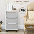 Locking filing cabinet with one key securing both drawers; white body and grey drawer fronts