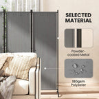 Dark grey room divider with polyester fabric panels and powder-coated metal frame