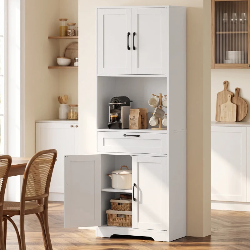 White tall pantry cabinet with open shelves and lower door storage
