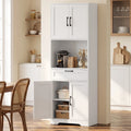 White tall pantry cabinet with open shelves and lower door storage