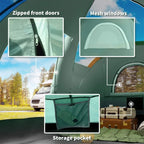 Green dome tent with zipped front door, mesh windows, and storage pocket
