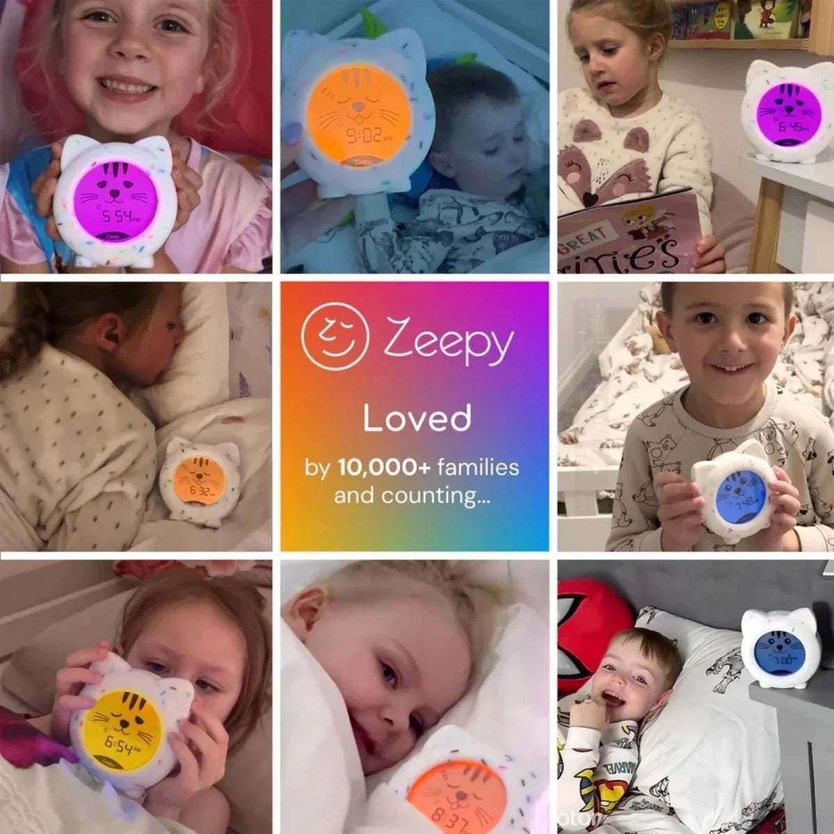 Zeepy cat sleep clock collage with glowing purple, orange, and yellow displays