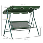 Green 3-seat swing chair dimensions with canopy, frame and striped seat