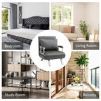 Grey chair bed styled as living room seating with tall back and armrests