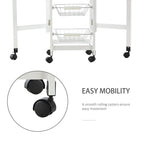 White kitchen cart with three wire baskets and six smooth-rolling caster wheels
