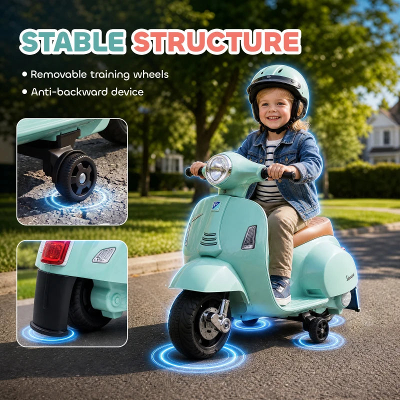 Green kids electric ride-on motorbike scooter with child rider and glowing wheel lights