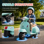 Green kids electric ride-on motorbike scooter with child rider and glowing wheel lights