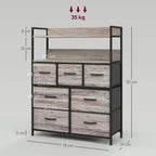 Grey wood-effect seven-drawer cabinet with visible dimensions and weight label