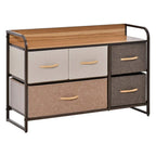 Linen fabric dresser with five drawers, wood top, steel frame, beige and dark gray bins