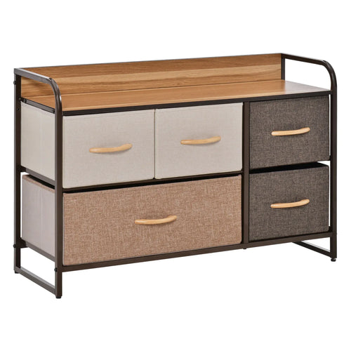 Linen fabric dresser with five drawers, wood top, steel frame, beige and dark gray bins
