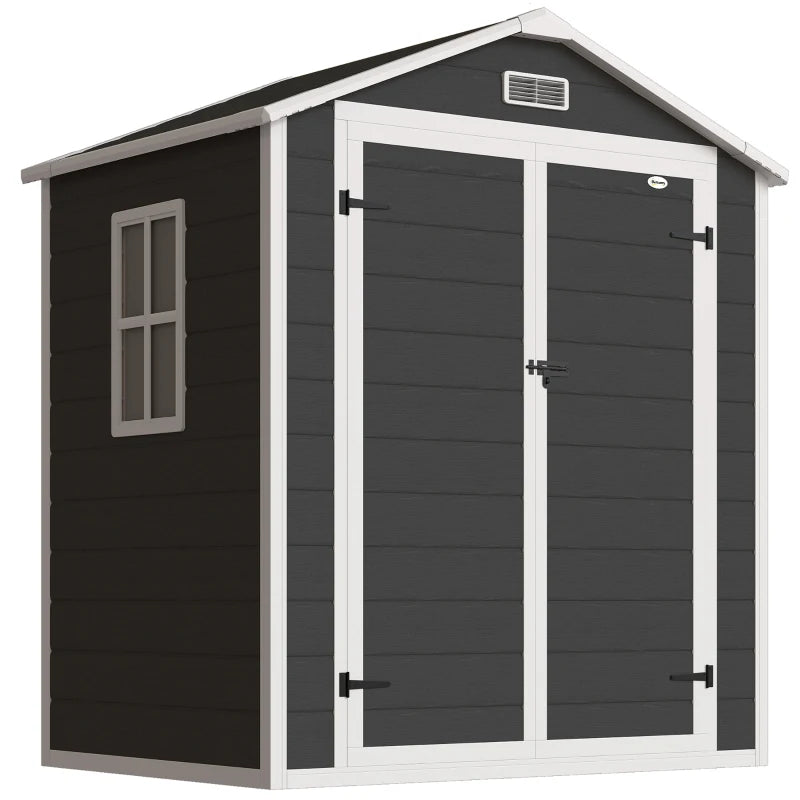 Black double-door garden storage shed with side window and roof vent