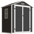 Black double-door garden storage shed with side window and roof vent
