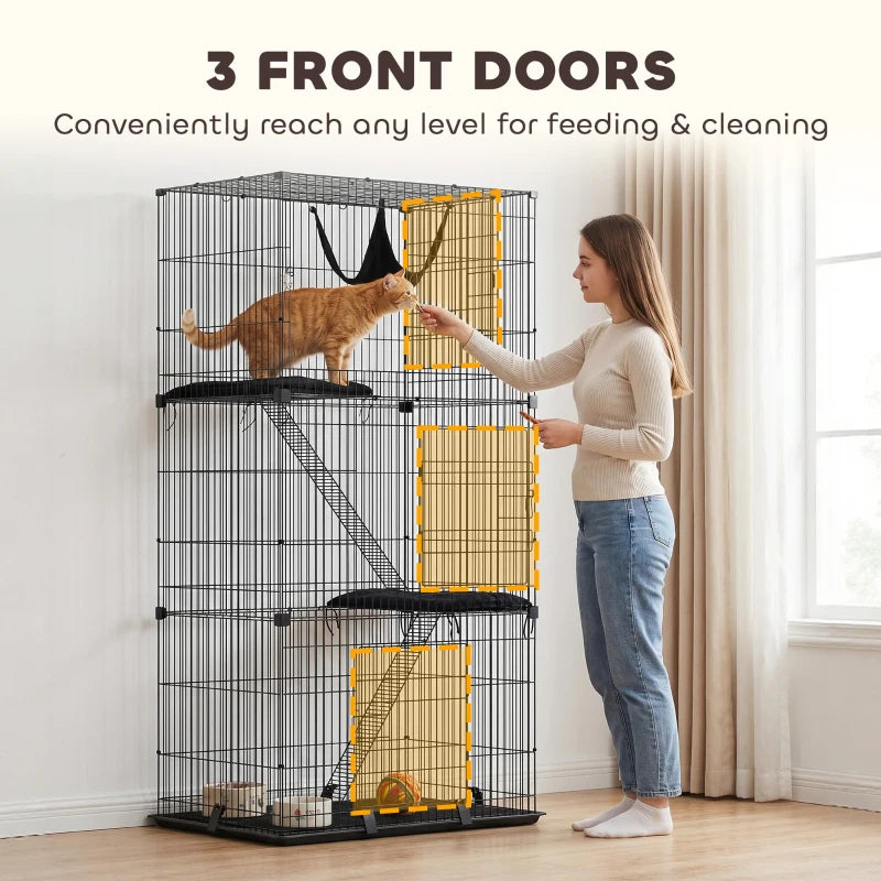Black 3-tier cat cage with front door access; cat on top platform