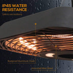 Black halogen patio heater grill with glowing heating element and protective wire shield.