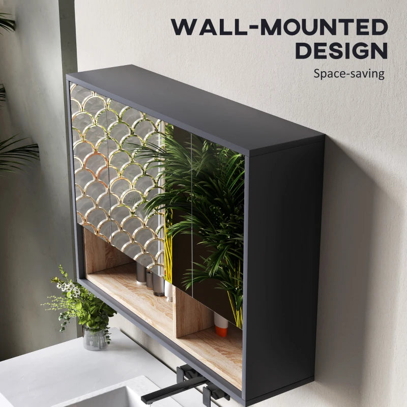 Grey wall-mounted bathroom mirror cabinet with slim side profile and open shelf interior