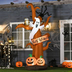 Halloween inflatable dead tree with ghost and owl, glowing jack-o'-lantern pumpkin lights