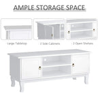 White TV console with large tabletop, two side cabinet doors, and two open shelves