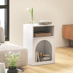White bedside table with top open shelf and arched lower storage compartment