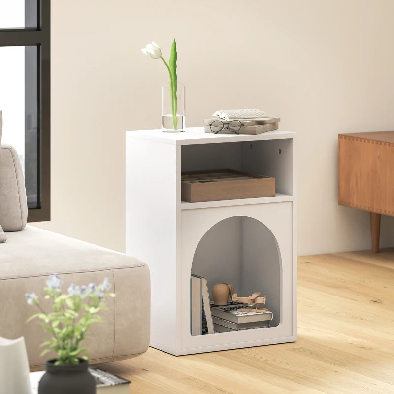 White bedside table with top open shelf and arched lower storage compartment