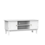 White TV cabinet with two doors, open storage shelves, and cable management opening