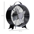 Black table fan with front safety grille and three-legged base