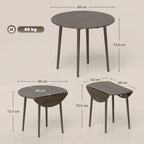 Grey round drop-leaf folding dining table with wood legs, size and angle diagrams