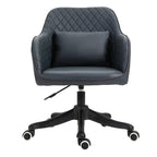 Deep blue PU leather office chair with quilted back, armrests, and rolling base on casters.