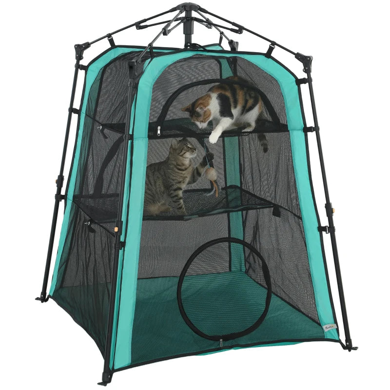 Teal and black 3-tier cat tent with breathable mesh front and circular door
