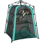 Teal and black 3-tier cat tent with breathable mesh front and circular door