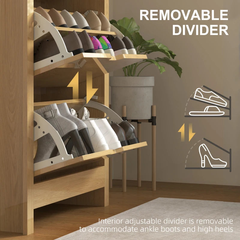 Natural wood shoe cabinet with removable interior divider slots for heels and ankle boots