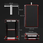 Red and black motorcycle scissor jack with height and deck dimensions diagram