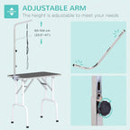 Dog grooming table with adjustable height arm and black anti-slip tabletop