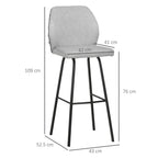 Light grey bar stool with curved back, black steel legs, and built-in footrest