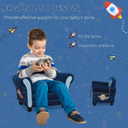 Blue kids mini sofa chair with rocket graphic back and armrests, padded seat