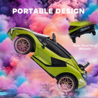 Green ride-on electric toy car side view with rear auxiliary wheels and black interior