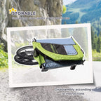 Green dog bike trailer shown for storage with cover and three-wheel frame