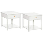Set of 2 white square side end tables with drawer and open bottom shelf