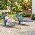 Blue adjustable sun lounger with reading hole and steel frame