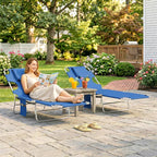 Blue adjustable sun lounger with reading hole and steel frame