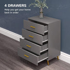 Dark grey 4-drawer dresser with embossed vertical lines and gold-tone handles, open drawers