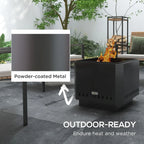 Black square metal fire pit with side vent holes and poker, outdoor-ready finish