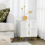 White two-drawer chest with ribbed drawer fronts and gold-tone handles, placed against a window wall