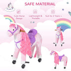 Pink plush ride-on rocking horse with purple saddle and four rolling wheels