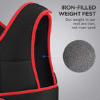 Black weighted vest with red trim, close-up of padded shoulder and side panel