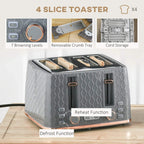 Grey 4-slice toaster with crumb tray and browning control dials, rose-gold accents