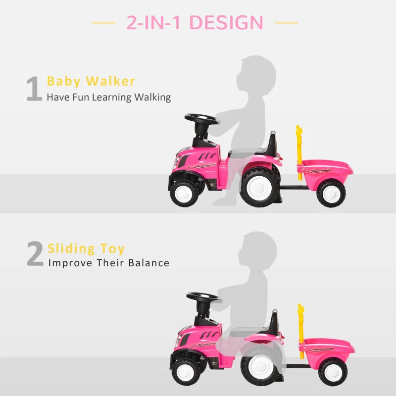Pink ride-on tractor baby walker with slide deck and large white wheels